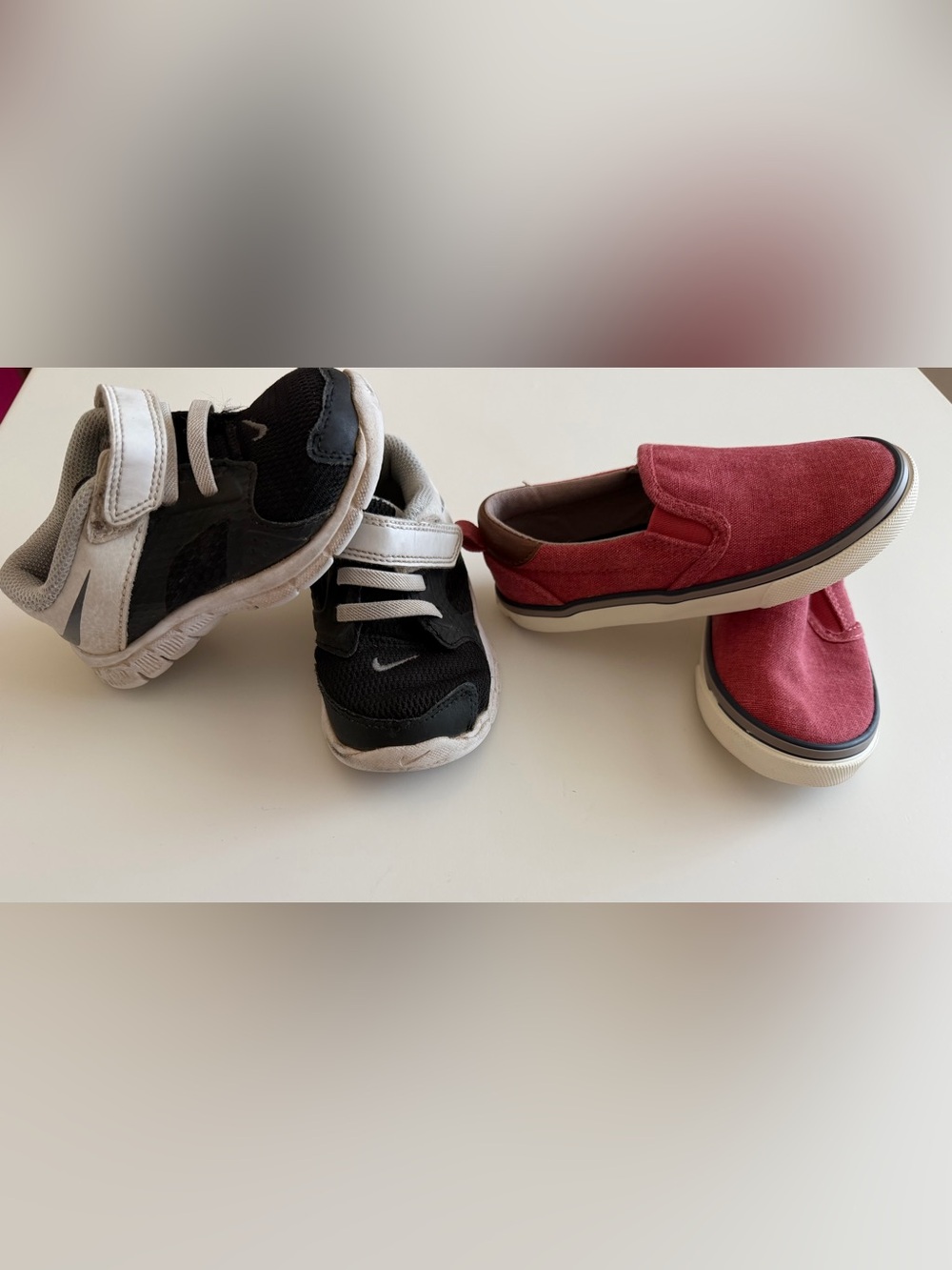 Boys Toddler 7 Shoe Bundle-Nike Velcro Sneakers Black & White, Old Navy Slip Ins